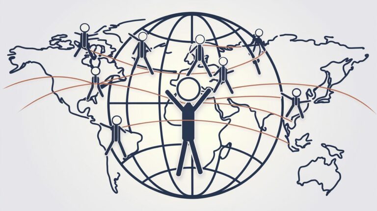 a group of people around a globe