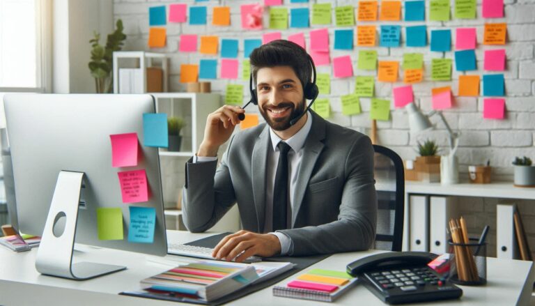 a man wearing a headset and sitting at a desk
