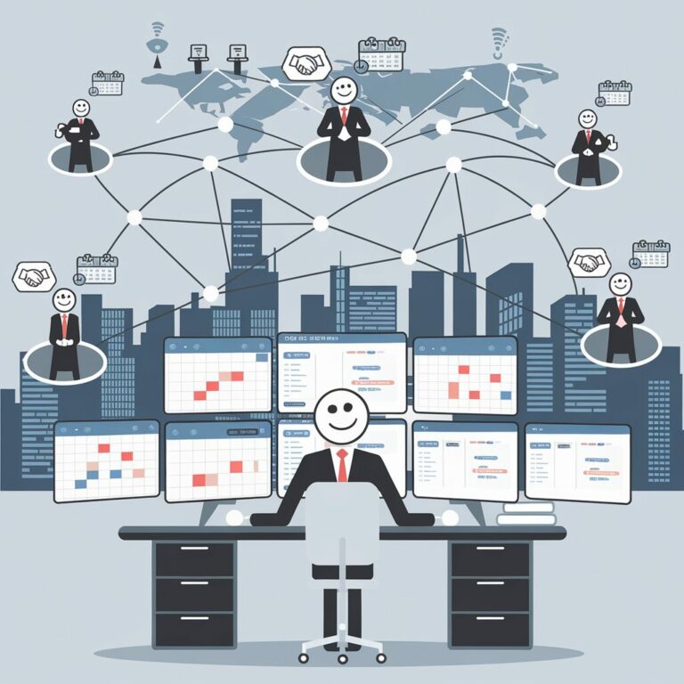 a man sitting at a desk with many computer screens