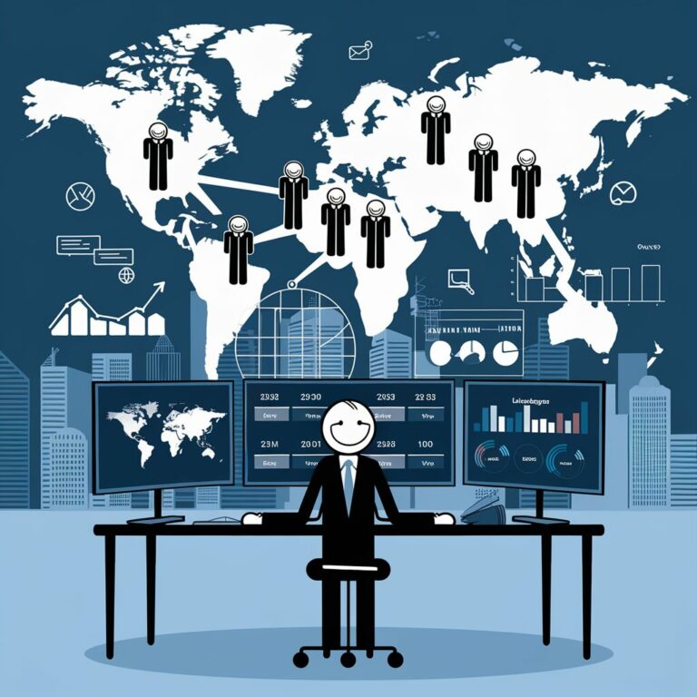 a man sitting at a desk with computer screens and a map of the world